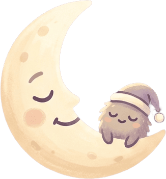 Lune, the sleepy crescent moon, cradling a dozing little one